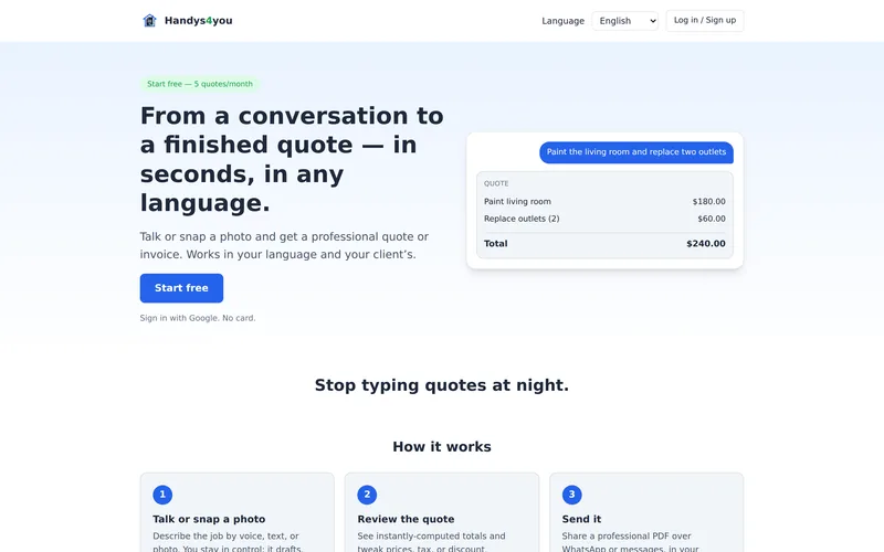 Homepage of Handys4you, software that turns a conversation into a quote or invoice