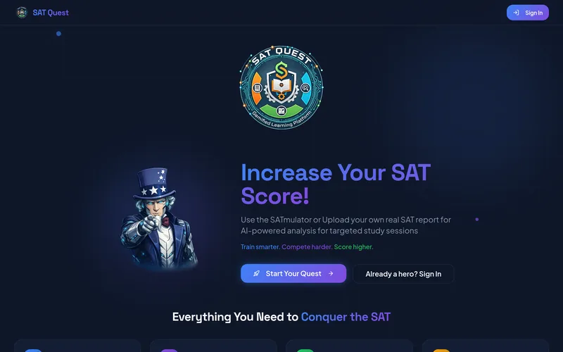 Homepage of SAT Quest, an SAT preparation platform